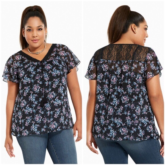 torrid Tops - TORRID | Black Floral Print Chiffon Top